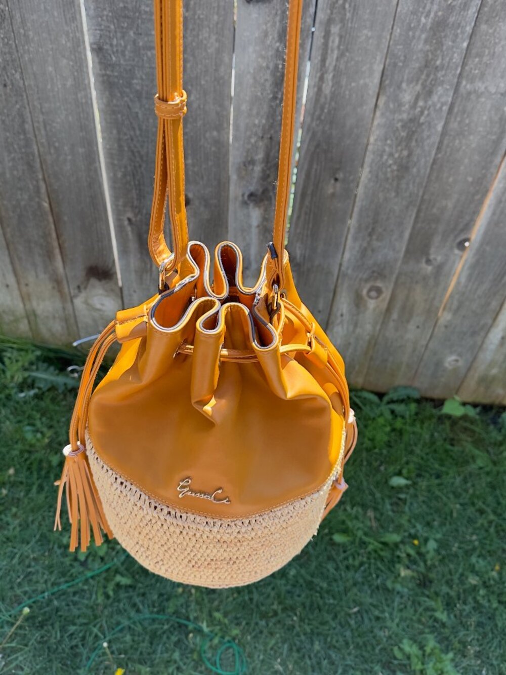 GUSSACI Woven Straw & Cognac Vegan Leather Bucket Bag